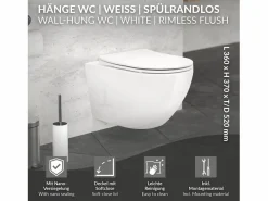 LuxeBath ECD Germany Inodoro suspendido sin borde de cerámica , revestimiento Nano, inodoro suspendido de pared de 52 cm de largo, con asiento Softclose