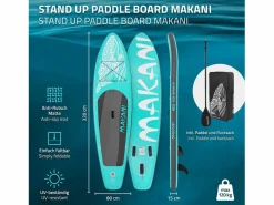 ECD Germany Tabla hinchable de paddle surf SUP Makani 320 x 80 x 15 cm de PVC turquesa hasta 120kg con bomba de aire, bolsa de transporte y accesorios