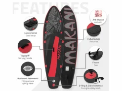 ECD Germany Tabla hinchable de paddle surf SUP Makani 320 x 80 x 15 cm de PVC -rojo hasta 120kg, bomba de aire, bolsa de transporte y accesorios Negro