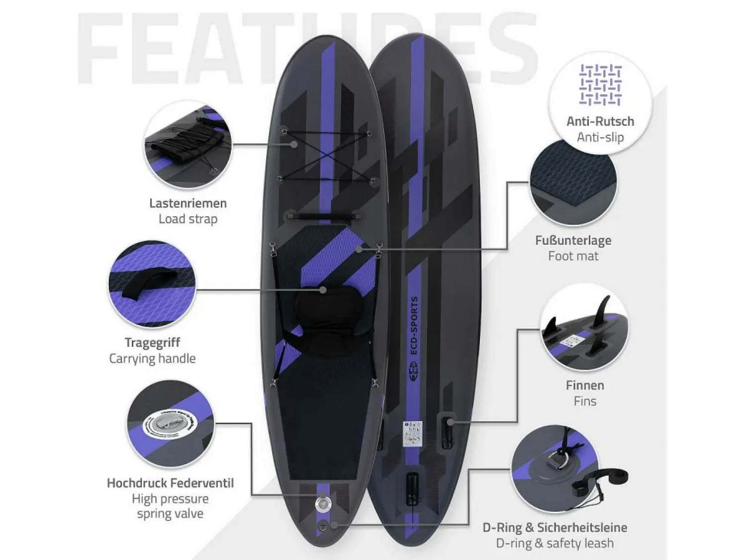 ECD Germany Tabla hinchable de paddle surf SUP 320x82x15cm PVC hasta 120kg con asiento de kayak, bomba de aire, bolsa de transporte y accesorios