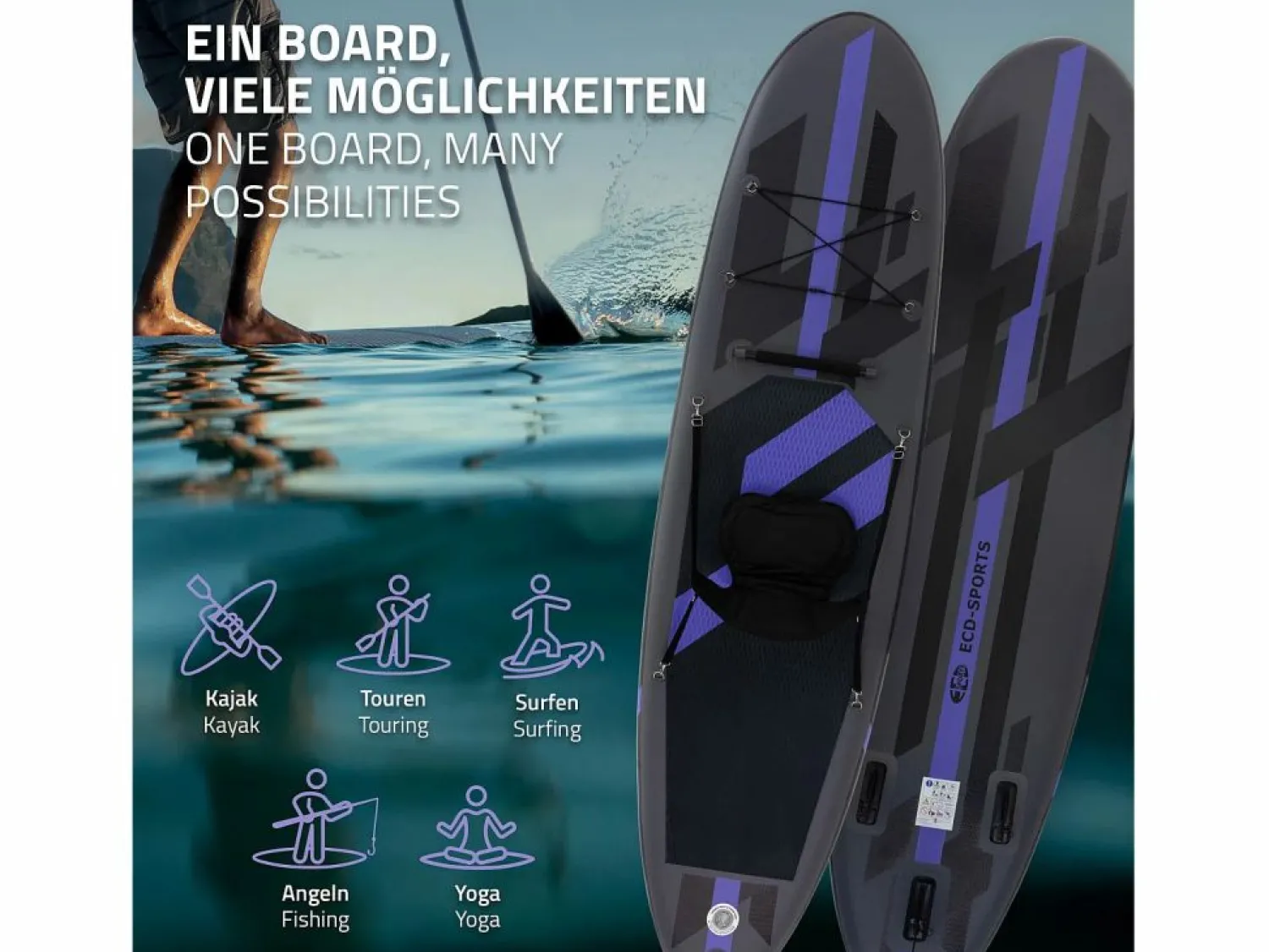ECD Germany Tabla hinchable de paddle surf SUP 320x82x15cm PVC hasta 120kg con asiento de kayak, bomba de aire, bolsa de transporte y accesorios