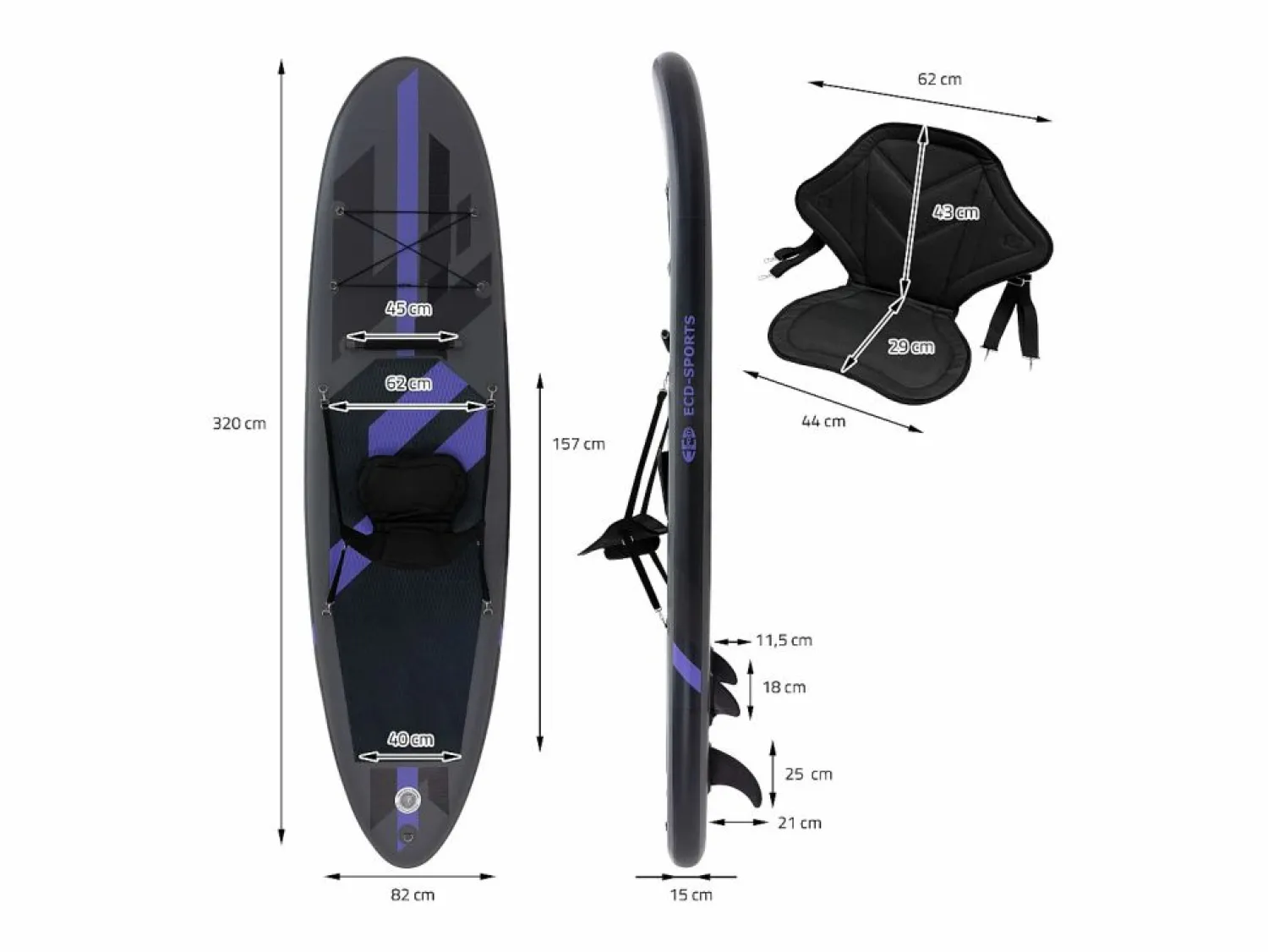 ECD Germany Tabla hinchable de paddle surf SUP 320x82x15cm PVC hasta 120kg con asiento de kayak, bomba de aire, bolsa de transporte y accesorios