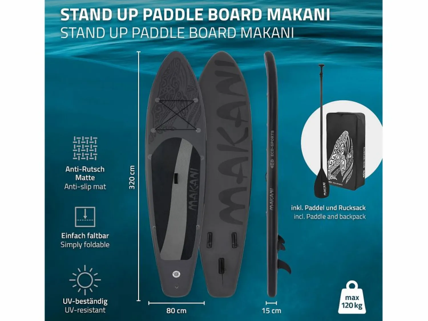 Online Tabla hinchable de paddle surf SUP Makani 320 x 80 x 15 cm de PVC hasta 120kg con bomba de aire, bolsa de transporte y accesorios Deportes Náuticos