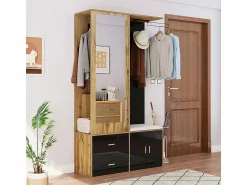 New KOMHTOM Elegante conjunto de armario en y madera en bruto con espejo, mueble zapatero, banco zapatero con ganchos y perchas correderas Negro
