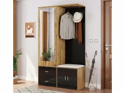 New KOMHTOM Elegante conjunto de armario en y madera en bruto con espejo, mueble zapatero, banco zapatero con ganchos y perchas correderas Negro
