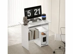 Online Escritorio compacto con estante para teclado y almacenaje abierto, panel de melamina, , resistente y funcional (80x45x75cm) Blanco