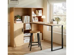 Hauss Spole Escritorio con 1 puerta y 6 nichos, estructura de MDF chapado en imitación madera natural clara y metal negro - 120x50x120cm