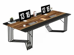 Tribesigns Escritorio de 200 cm para 2 personas con sólida estructura geométrica de metal - Mesa de reunión o seminario para 8 a 10 personas - Marrón rústico