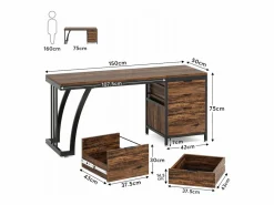 Online Escritorio de computadora con 3 cajones, 150 cm, con cajones reversibles, escritorio industrial con bandeja de almacenamiento para el hogar y la oficina, marrón rústico Mesa De Ordenador