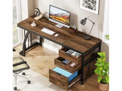Online Escritorio de computadora con 3 cajones, 150 cm, con cajones reversibles, escritorio industrial con bandeja de almacenamiento para el hogar y la oficina, marrón rústico Mesa De Ordenador