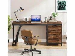 Online Escritorio de computadora con 3 cajones, 150 cm, con cajones reversibles, escritorio industrial con bandeja de almacenamiento para el hogar y la oficina, marrón rústico Mesa De Ordenador