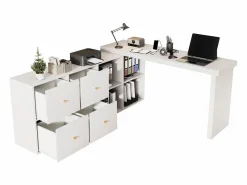 Merax Escritorio de esquina con tablero giratorio 360° - 140 x 120 x 78 cm - En forma de L o recto - con 4 compartimentos + 4 cajones - MDF -