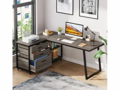 Hot Tribesigns Escritorio de oficina en forma de L, escritorio de computadora de esquina reversible con 3 cajones para archivos Gris