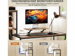 Escritorio de ordenador con estantes, soporte para monitor, cajón y soporte para impresora, MDF, marrón (150x48x125 cm)