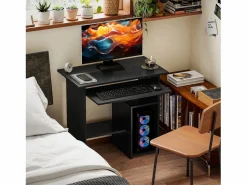 Sale Escritorio de ordenador con estantes abiertos y espacio de almacenamiento, mesa de trabajo, para oficina o dormitorio, madera contrachapada, (80x45x75 cm) Negro