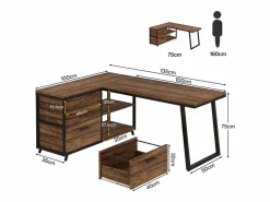 Online Escritorio de ordenador en forma de L con 3 cajones, de color marrón rústico Mesa De Ordenador