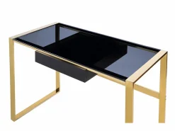 Vente-unique Escritorio design con 1 cajón cristal templado y acero y dorado. SALI Negro