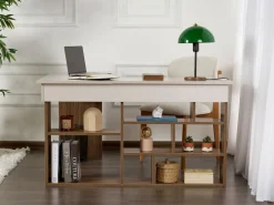 Escritorio esquinero con almacenamiento color beige y natural oscuro - LILEUL Escritorio Rinconero|Escritorio Tradicional
