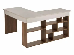 Escritorio esquinero con almacenamiento color beige y natural oscuro - LILEUL Escritorio Rinconero|Escritorio Tradicional