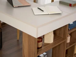 Escritorio esquinero con almacenamiento color beige y natural oscuro - LILEUL Escritorio Rinconero|Escritorio Tradicional