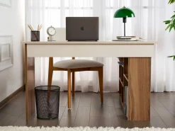 Escritorio esquinero con almacenamiento color beige y natural oscuro - LILEUL Escritorio Rinconero|Escritorio Tradicional