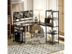 Escritorio esquinero en forma de L con 6 estantes, soporte para monitor, USB y toma de corriente, metal (137x140x139,5cm)