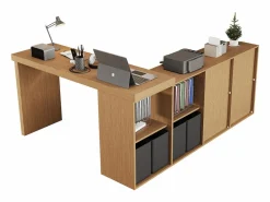 Hot Escritorio esquinero giratorio de 360°: escritorio con 4 cajones y 4 compartimentos, MDF, y roble (120 x 48 x 78 cm) + (140 x 35 x 74 cm) Escritorio Secreter