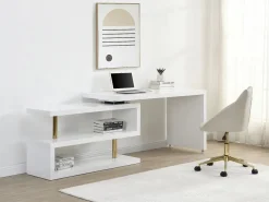 Hot Vente-unique Escritorio extensible con plataforma giratoria 360° en MDF lacado y dorado - NICEPHORE II Blanco