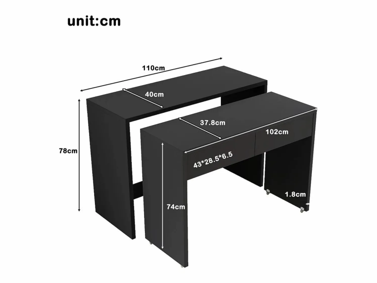 Discount ModernLuxe Escritorio extensible 110x40x78 cm - Escritorio + cómoda de cajones - Ruedas - Tablero robusto - Paneles de partículas - Negro