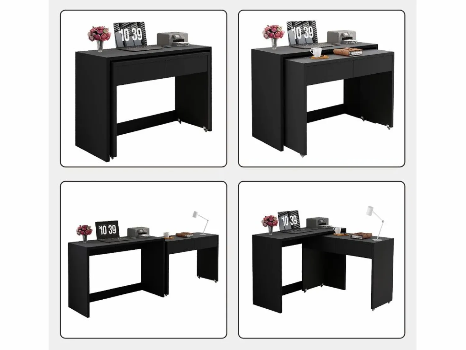 Discount ModernLuxe Escritorio extensible 110x40x78 cm - Escritorio + cómoda de cajones - Ruedas - Tablero robusto - Paneles de partículas - Negro