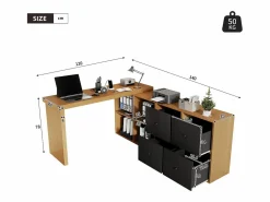 Best Escritorio giratorio 360° 260×48×78 cm - con 4 compartimentos - 4 cajones - MDF - natural + negro Escritorio Rinconero