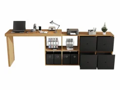 Best Escritorio giratorio 360° 260×48×78 cm - con 4 compartimentos - 4 cajones - MDF - natural + negro Escritorio Rinconero