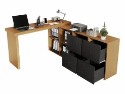 Best Escritorio giratorio 360° 260×48×78 cm - con 4 compartimentos - 4 cajones - MDF - natural + negro Escritorio Rinconero