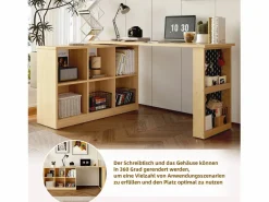Discount Escritorio multifuncional, con estantes y armarios, forma variable, tablero grueso, MDF, color natural (140x104x75 cm) Marru00f3n
