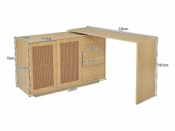 Best DripeX Escritorio para computadora extensible - con 3 cajones y 2 puertas de ratán - función giratoria - MDF - 126x40x75cm Color natural claro
