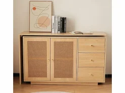 Best DripeX Escritorio para computadora extensible - con 3 cajones y 2 puertas de ratán - función giratoria - MDF - 126x40x75cm Color natural claro