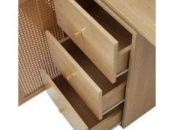 Best DripeX Escritorio para computadora extensible - con 3 cajones y 2 puertas de ratán - función giratoria - MDF - 126x40x75cm Color natural claro