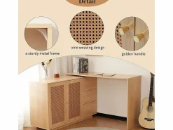 Best DripeX Escritorio para computadora extensible - con 3 cajones y 2 puertas de ratán - función giratoria - MDF - 126x40x75cm Color natural claro
