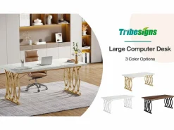 Clearance Tribesigns Escritorio para ordenador, Mesa de escritorio informática de 160 cm Mesa de estudio moderna para PC Mesa de trabajo Mesa de comedor con patas doradas Blanco