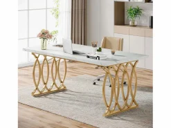 Clearance Tribesigns Escritorio para ordenador, Mesa de escritorio informática de 160 cm Mesa de estudio moderna para PC Mesa de trabajo Mesa de comedor con patas doradas Blanco