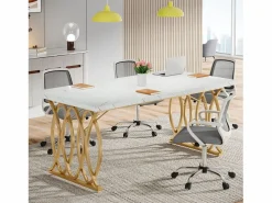 Clearance Tribesigns Escritorio para ordenador, Mesa de escritorio informática de 160 cm Mesa de estudio moderna para PC Mesa de trabajo Mesa de comedor con patas doradas Blanco