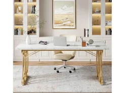 Clearance Tribesigns Escritorio para ordenador, Mesa de escritorio informática de 160 cm Mesa de estudio moderna para PC Mesa de trabajo Mesa de comedor con patas doradas Blanco