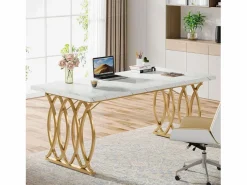 Clearance Tribesigns Escritorio para ordenador, Mesa de escritorio informática de 160 cm Mesa de estudio moderna para PC Mesa de trabajo Mesa de comedor con patas doradas Blanco
