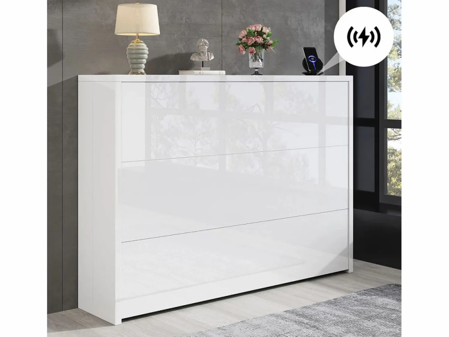 Clearance Escritorio plegable 115×27×93 cm - con función de carga inalámbrica - con estantes y ruedas - Acabado de alto brillo - Escritorio Rinconero