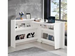 Clearance Escritorio plegable 115×27×93 cm - con función de carga inalámbrica - con estantes y ruedas - Acabado de alto brillo - Escritorio Rinconero