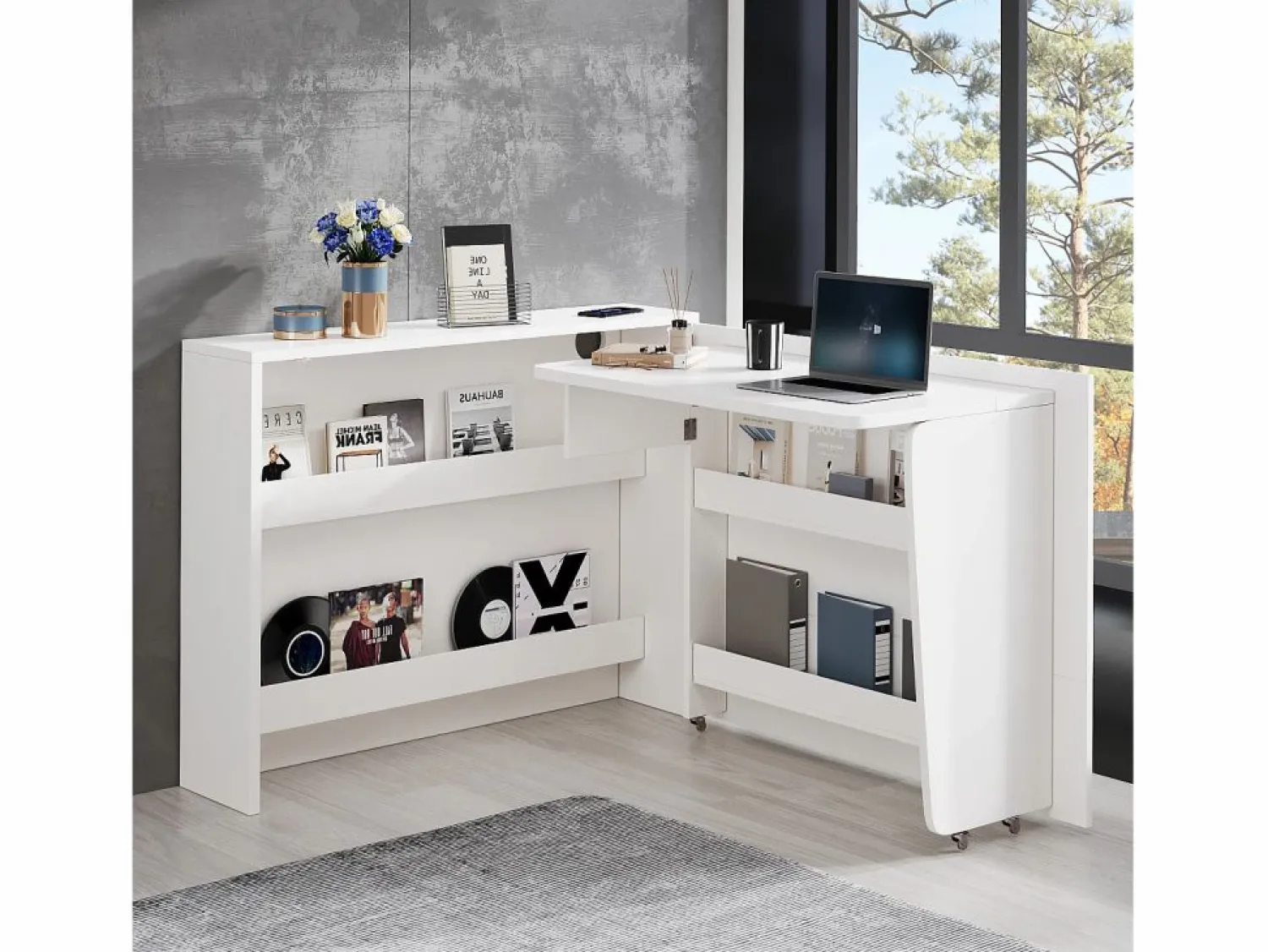 Clearance Escritorio plegable 115×27×93 cm - con función de carga inalámbrica - con estantes y ruedas - Acabado de alto brillo - Escritorio Rinconero