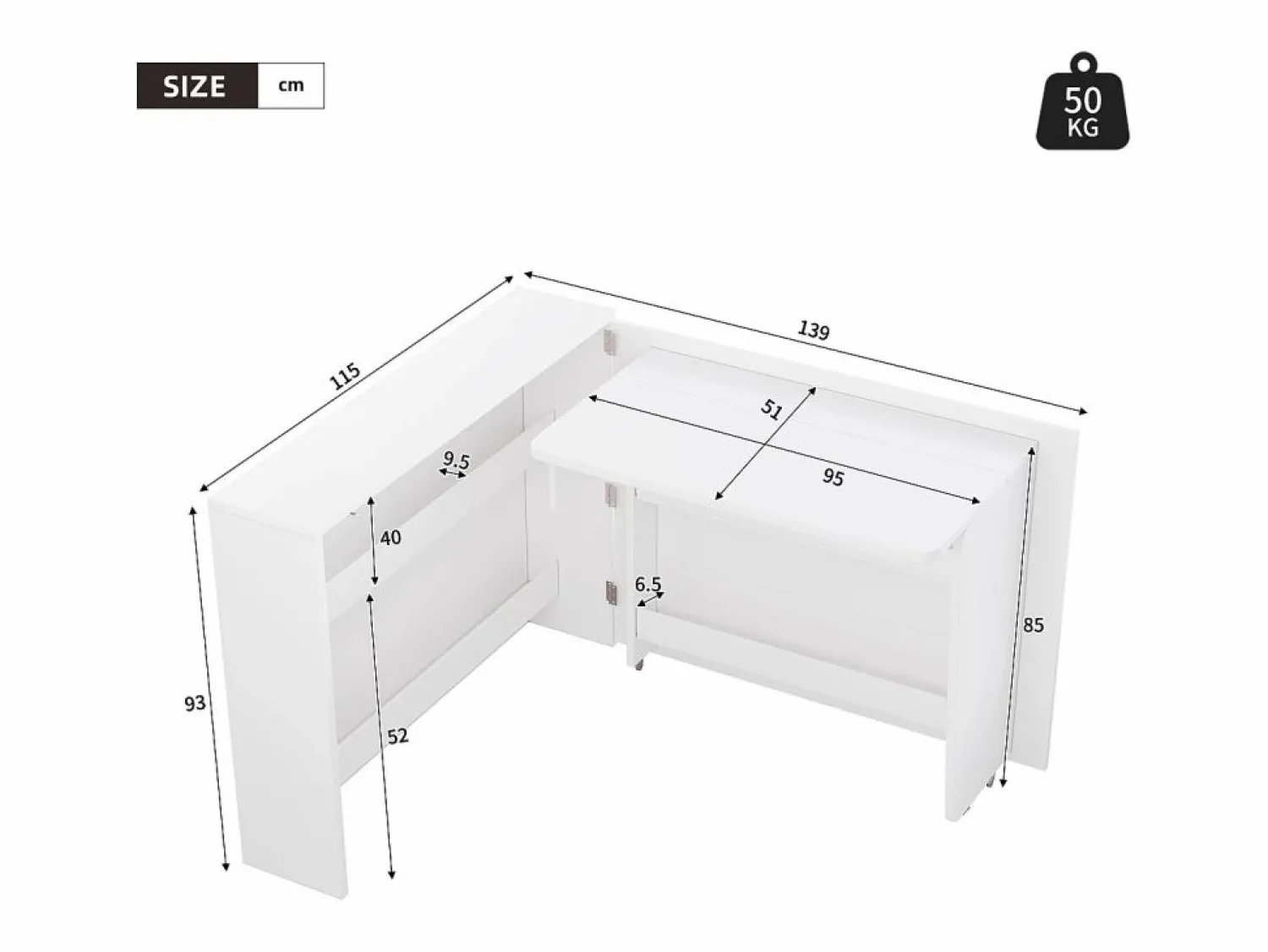 Clearance Escritorio plegable 115×27×93 cm - con función de carga inalámbrica - con estantes y ruedas - Acabado de alto brillo - Escritorio Rinconero