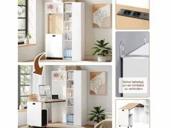 New Merax Escritorio plegable con estantes + USB - 104 x 30,5 x 160 cm - Librería y escritorio 2 en 1 - MDF - Blanco