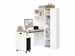 New Merax Escritorio plegable con estantes + USB - 104 x 30,5 x 160 cm - Librería y escritorio 2 en 1 - MDF - Blanco