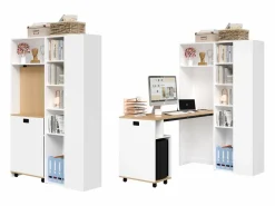 ModernLuxe Escritorio plegable 104.5x30.5x160 cm - con estantería - enchufes y puertos USB - Estantes ajustables - Con ruedas - +natural